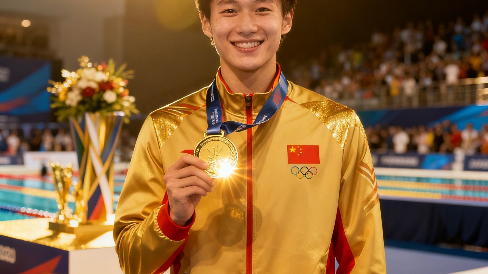 游泳世锦赛颁奖仪式上中国选手手持金牌站在领奖台上微笑的画面